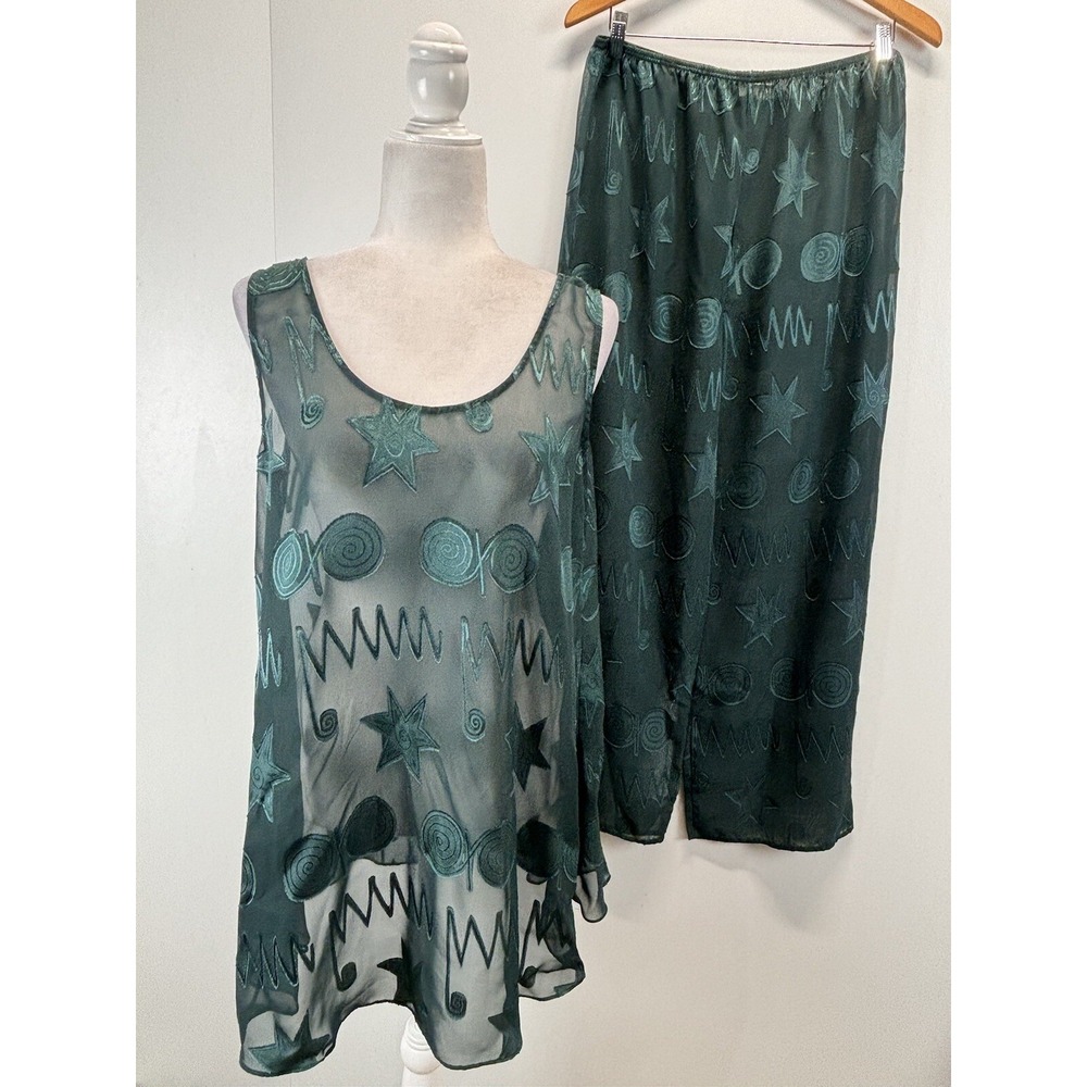 Vtg Victoria Secret Sheer Pajamas 2 Pc Set Sz Medium Green Geometric Gold Label